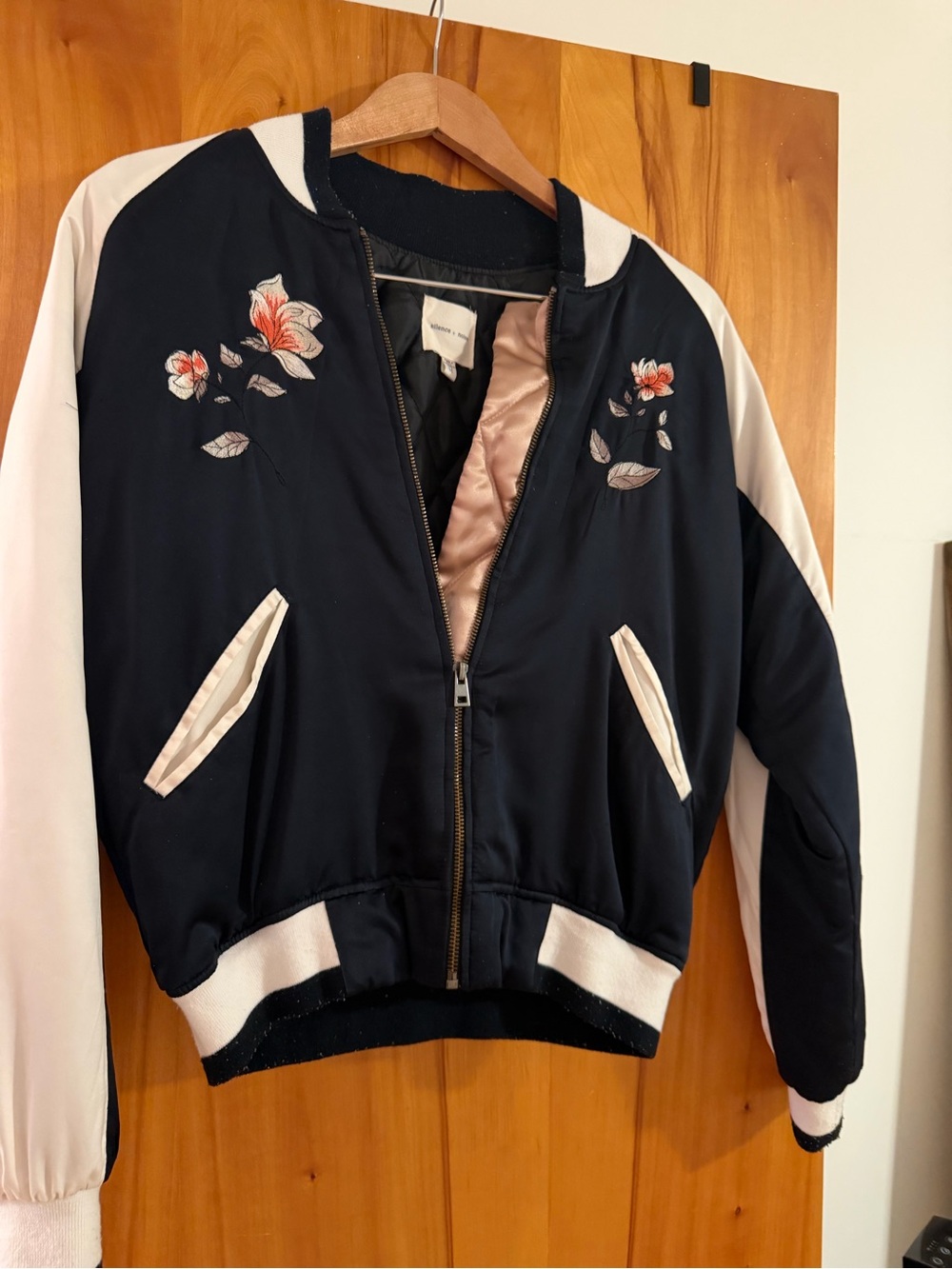 silence + noise Navy Bomber Jacket with Cream Accents and Floral Embroidery
